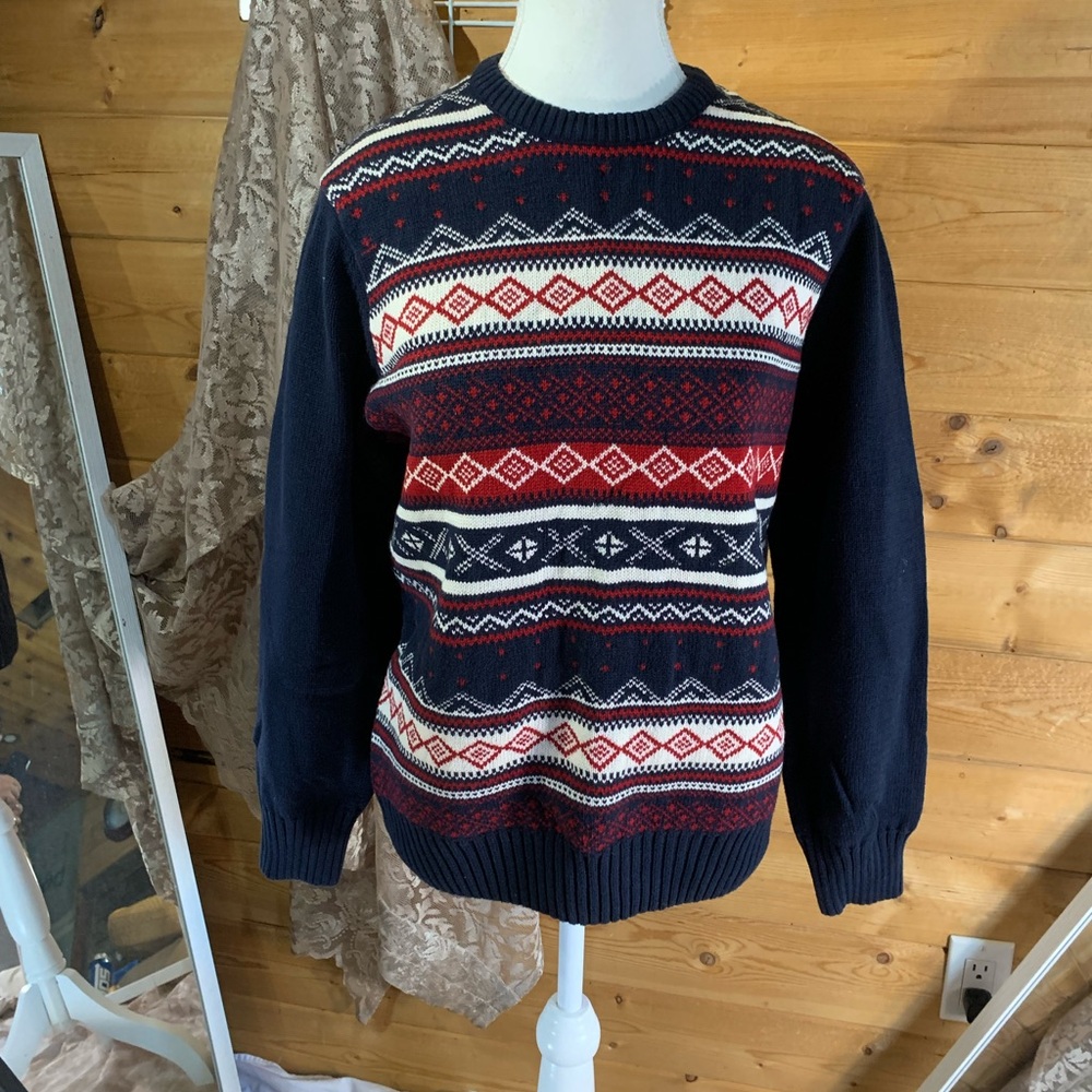 Dockers 100% Cotton Navy Red Crewneck Sweater Fair Isle Fisherman Coastal Large